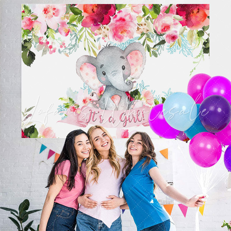 Lofaris Floral Cute Elephant Baby Shower Backdrop For Girl