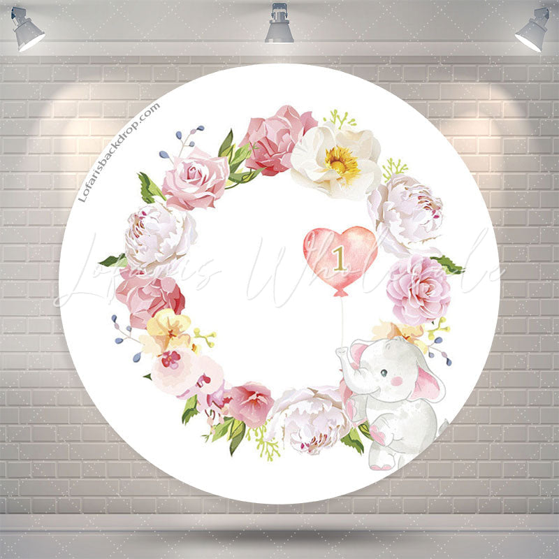 Lofaris Floral Elephant 1st Birthday Party Round Backdrop
