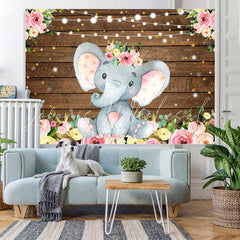 Lofaris Floral Elephant Light Glitter Wood Birthday Backdrop for Girl