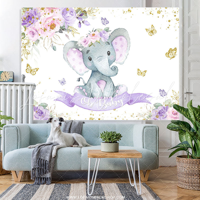 Lofaris Floral Elephant With Butterfly Baby Shower Backdrop