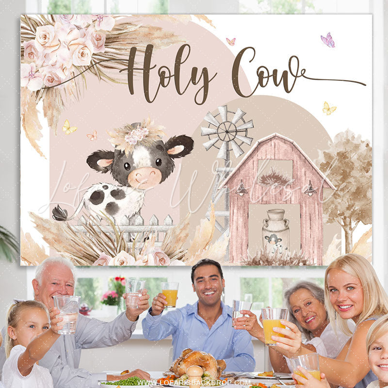 Lofaris Floral Farm Holy Cow Cute Happy Birthday Backdrop