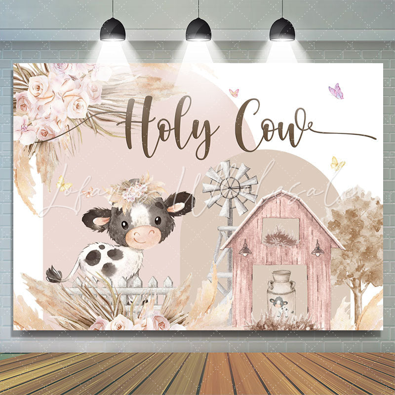 Lofaris Floral Farm Holy Cow Cute Happy Birthday Backdrop
