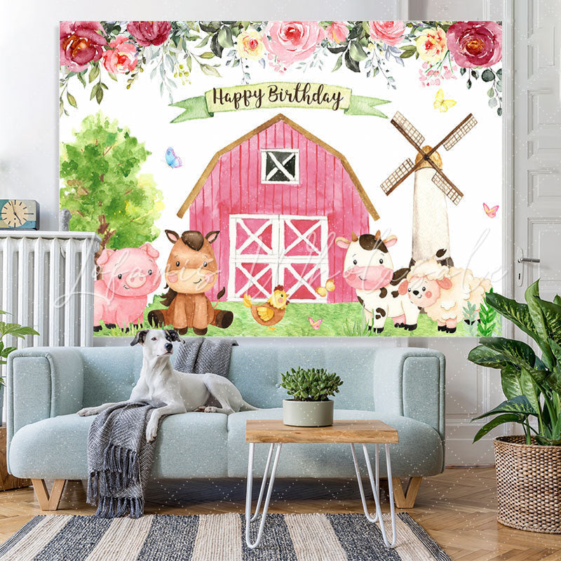 Lofaris Floral Farm With Cute Animals Happy Birthday Backdrop