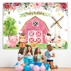 Lofaris Floral Farm With Cute Animals Happy Birthday Backdrop