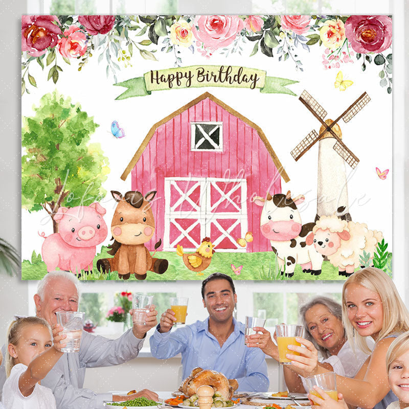 Lofaris Floral Farm With Cute Animals Happy Birthday Backdrop