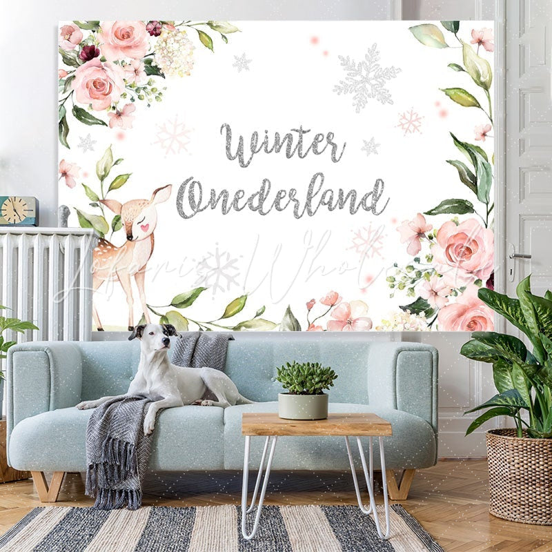 Lofaris Floral Fawn Winter Onederlan Backdrop for Baby Shower