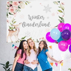 Lofaris Floral Fawn Winter Onederlan Backdrop for Baby Shower