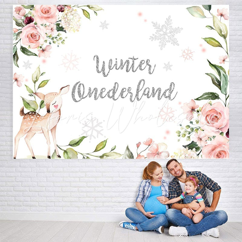 Lofaris Floral Fawn Winter Onederlan Backdrop for Baby Shower