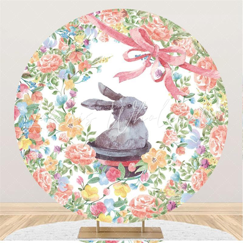 Lofaris Floral Flowers Pink Bow Grey Rabbit Round Backdrops for Party
