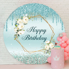 Lofaris Floral Glitter Blue Round Happy Birthday Backdrop