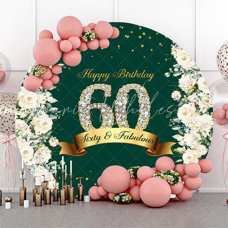 Lofaris Floral Glitter Green Round Happy 60th Birthday Backdrop