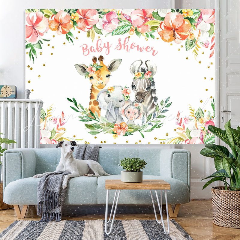 Lofaris Floral Gold Glitter Animals Backdrop for Baby Shower Party