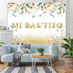 Lofaris Floral Gold Glitter Mi Bautizo Baby Shower Backdrop