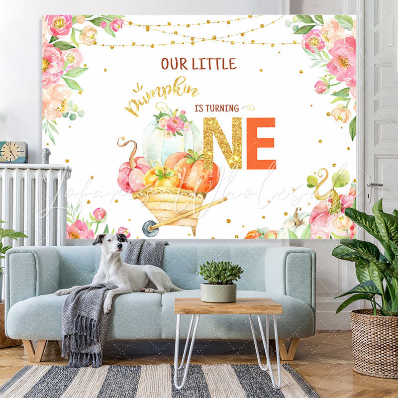 Lofaris Floral Gold Glitter Out Little Pumpkin Is Turning One Birthday Backdrop