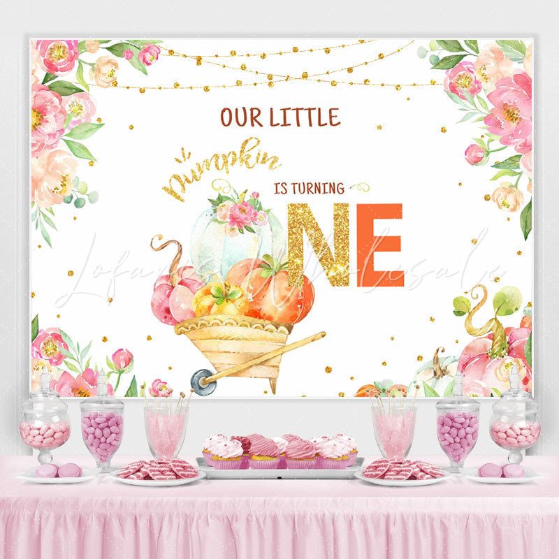 Lofaris Floral Gold Glitter Out Little Pumpkin Is Turning One Birthday Backdrop