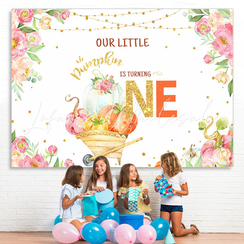 Lofaris Floral Gold Glitter Out Little Pumpkin Is Turning One Birthday Backdrop