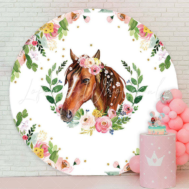 Lofaris Floral Horse Round Birthday Party Backdrop Cover