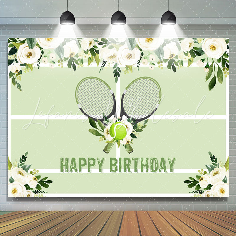 Lofaris Floral Lawn Tennis Ball Green Happy Birthday Backdrop