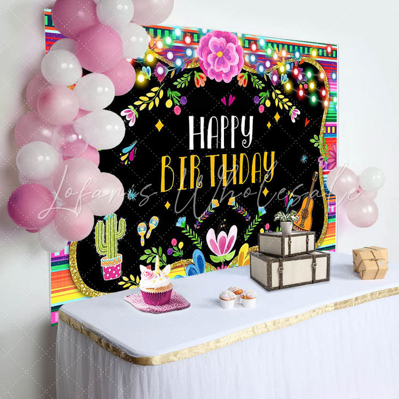Lofaris Floral Lights Cactus Guitar Leaves Birthday Backdrop