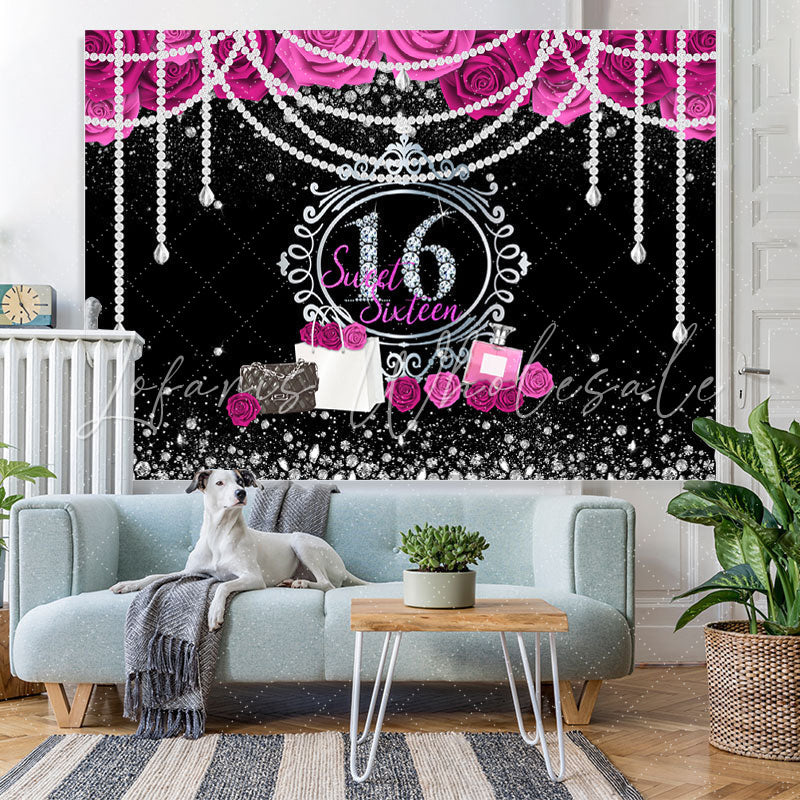 Lofaris Floral Pearls Sweet 16 Diamond Silver Glitter Birthday Backdrop
