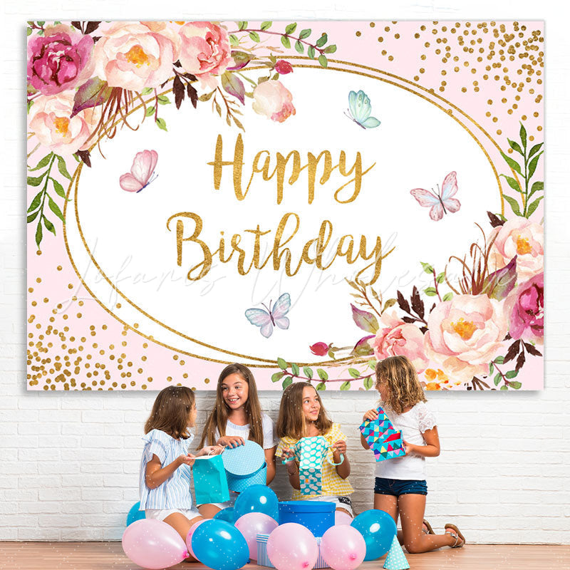 Lofaris Floral Pink and Golden Bots Happy Birthday Backdrop
