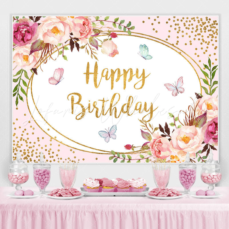 Lofaris Floral Pink and Golden Bots Happy Birthday Backdrop