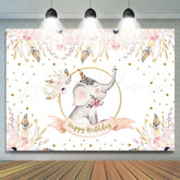 Lofaris Floral Pink Elepant Gold Glitter Backdrop for Birthday