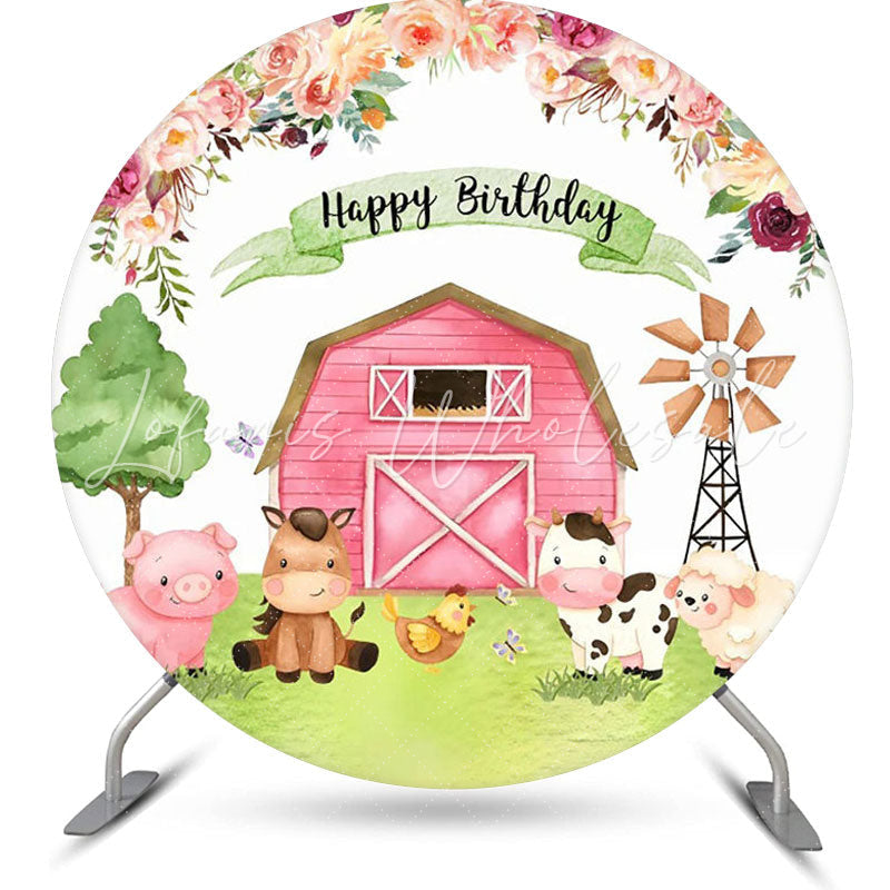 Lofaris Floral Pink Farm Animals Round Birthday Backdrop