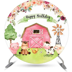 Lofaris Floral Pink Farm Animals Round Birthday Backdrop