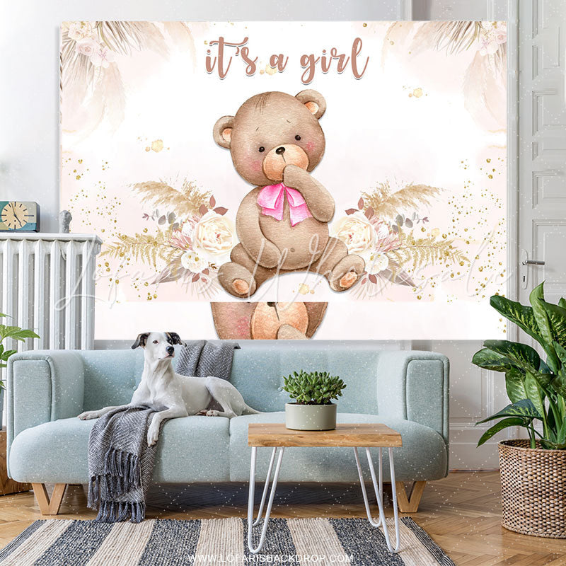 Lofaris Floral Pink Tie Bear Baby Shower Backdrop For Girl