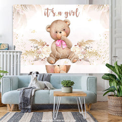Lofaris Floral Pink Tie Bear Baby Shower Backdrop For Girl