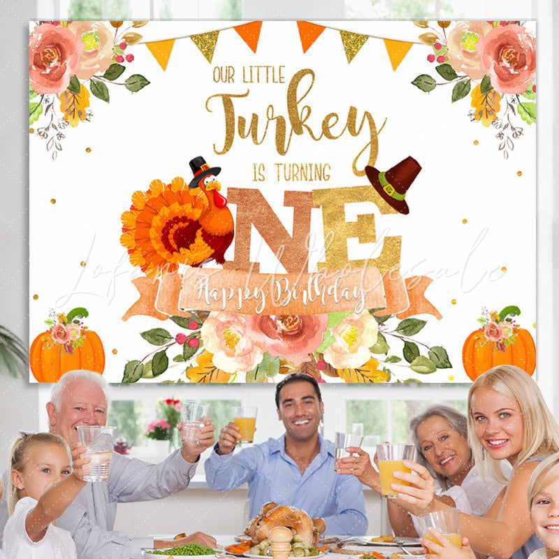 Lofaris Floral Pumpkin Our Little Turkey Is Turning One Happy Birthday Backdrop