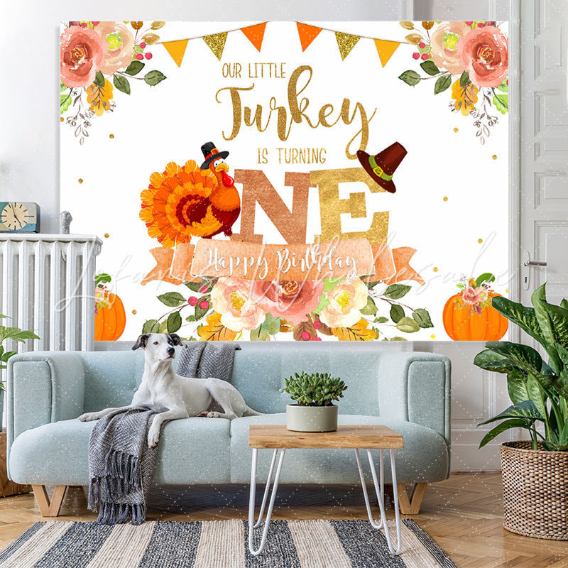 Lofaris Floral Pumpkin Our Little Turkey Is Turning One Happy Birthday Backdrop