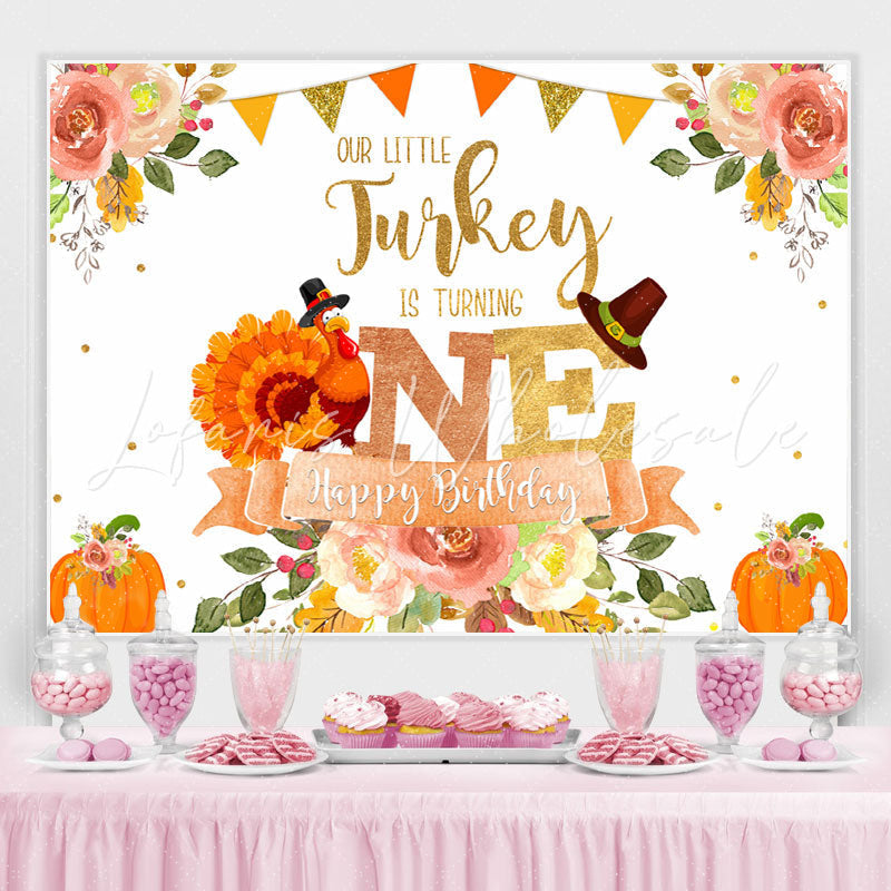 Lofaris Floral Pumpkin Our Little Turkey Is Turning One Happy Birthday Backdrop