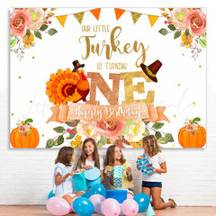 Lofaris Floral Pumpkin Our Little Turkey Is Turning One Happy Birthday Backdrop