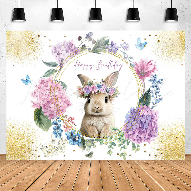 Lofaris Floral Sparkle Gold Rabbit Happy Birthday Backdrop