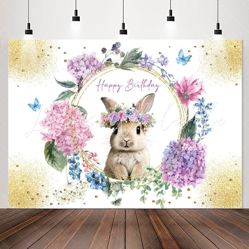 Lofaris Floral Sparkle Gold Rabbit Happy Birthday Backdrop