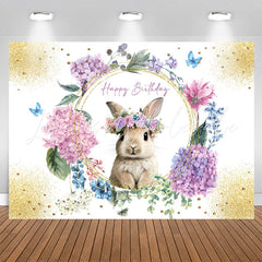 Lofaris Floral Sparkle Gold Rabbit Happy Birthday Backdrop