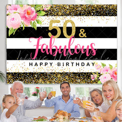 Lofaris Floral Stripes 50 And Fabulous Happy Birthday Backdrop