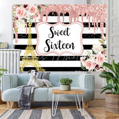 Lofaris Floral Sweet Sixteen Pink Glitter Gold Tower Stripe Backdrop for Girl