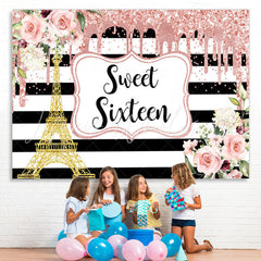 Lofaris Floral Sweet Sixteen Pink Glitter Gold Tower Stripe Backdrop for Girl