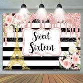 Lofaris Floral Sweet Sixteen Pink Glitter Gold Tower Stripe Backdrop for Girl