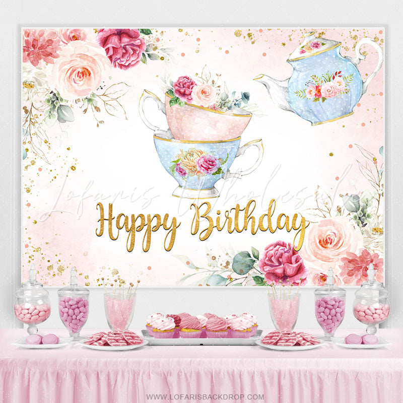 Lofaris Floral Teapot Lovely Spring Happy Birthday Backdrop