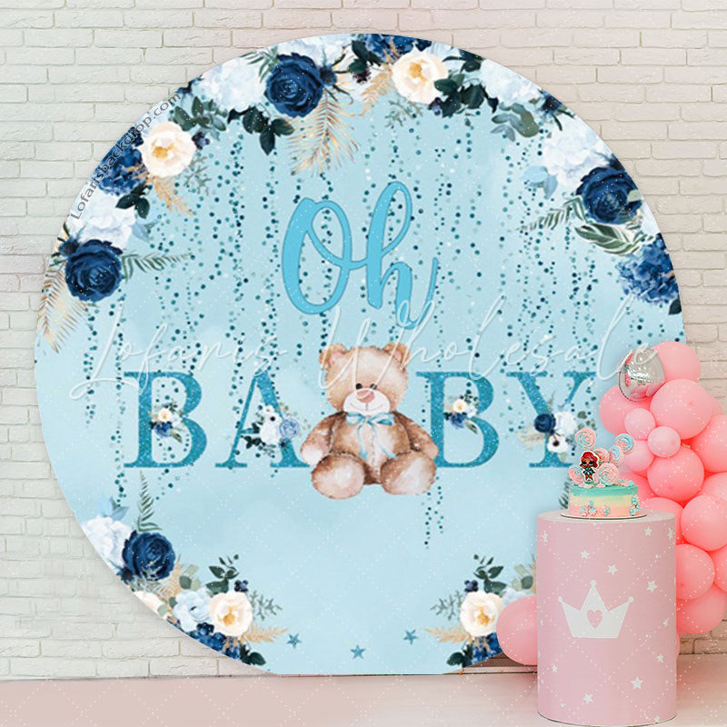 Lofaris Floral Teddy Bear Blue Baby Shower Round Backdrop