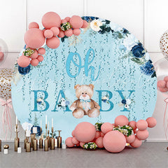 Lofaris Floral Teddy Bear Blue Baby Shower Round Backdrop