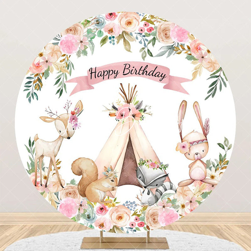 Lofaris Floral Tent Animals Safari Round Birthday Backdrop