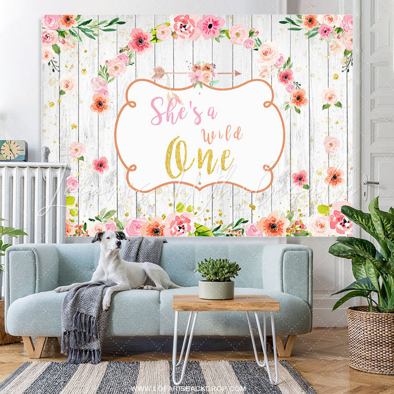 Lofaris Floral Wooden She Is A Wild One Happy Birthday Backdrop