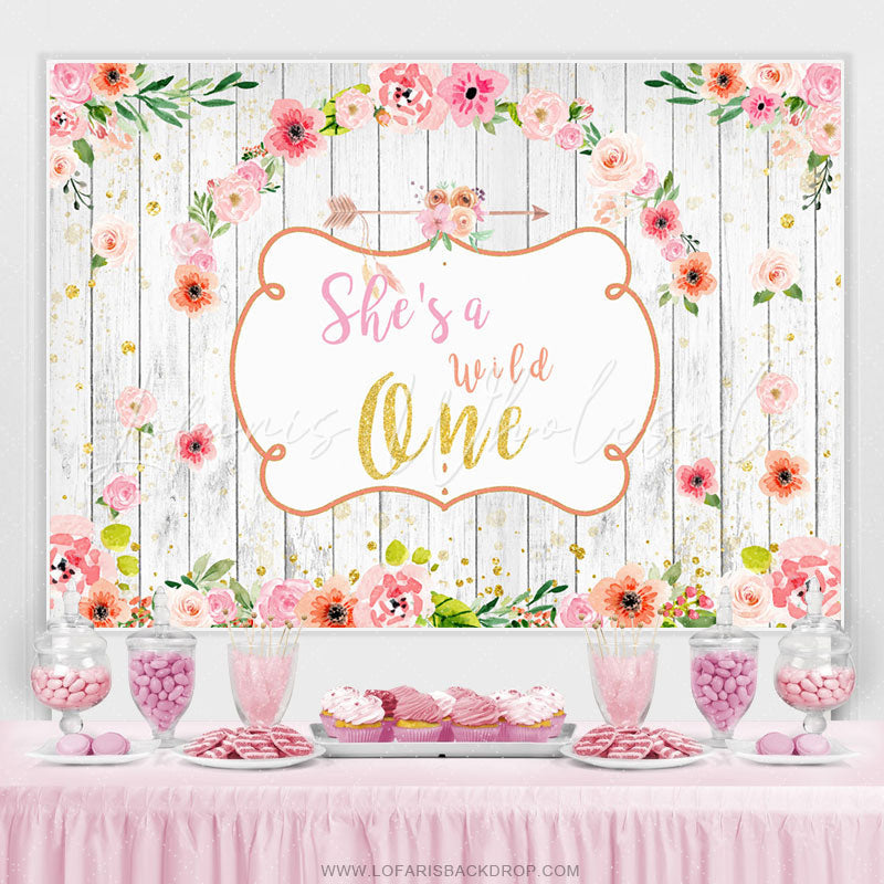 Lofaris Floral Wooden She Is A Wild One Happy Birthday Backdrop