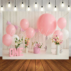 Lofaris Floral Wooden Wall Pink Balloon 1st Birthday Backdrop