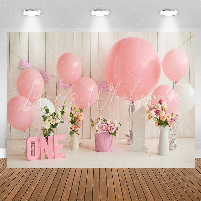 Lofaris Floral Wooden Wall Pink Balloon 1st Birthday Backdrop
